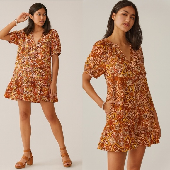 Anthropologie Pilcro Floral Tapestry Puff Sleeve Dress Size XS button linen rust - Picture 1 of 8